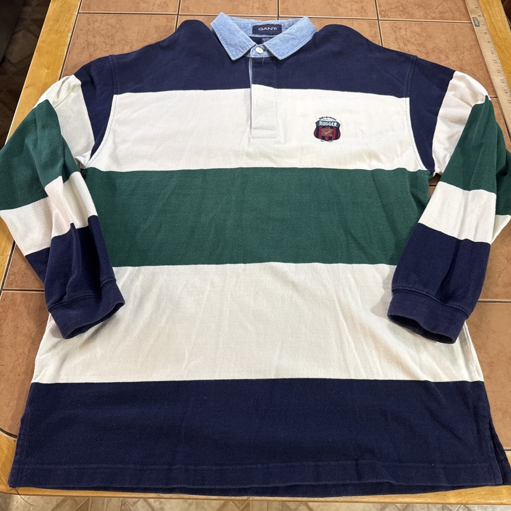Gant Y2K 90s Vintage Striped Cotton Rugby Shirt Long Sleeve Polo Rugger Sz Large
